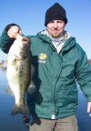 Justin Hunley with a 7 lb 10 oz Lake Fork toad and one 6lb bass.  Justin caught 2 more over 6 lbs and another 2 bass over 5 lbs on 1/24, giving him a 5 fish limit of over 30 pounds!  
