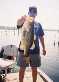 CAUGHT ON THURSDAY THE 13th OF APRIL. "IT CAME FROM 6 FEET OF WATER OFF A CEDAR TREE IN FRONT OF A DOCK. I SNAPPED A PICTURE PUT HER ON THE SCALES AND ROLLED HER BACK IN THE WATER. SHE SPLASHED ME TO THANK ME! SHE WAS A 8-13 & ALREADY DROPPED HER EGGS. I GUESS SHE WAS SITTING ON THE NEST WHEN SHE TOOK MY WATERMELON SALT CRAW WITH PUMPKIN PINCHERS. TO MAKE THINGS MORE INTERESTING I WAS USING MY SPINNING REAL WITH 12 POUND TRILENE, SO I COULD GET A STRAIGHT DROP IN THOSE CEDARS." DARRIS SMITH FROM FORT SMITH, ARKANSAS